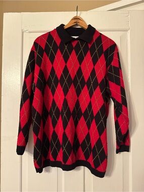 Alfred Dunner Red & Black Argyle V-Neck Sweater